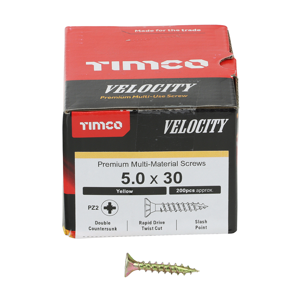 Velocity Premium Multi-Use Screws - PZ - Double Countersunk - Yellow 5.0 x 30