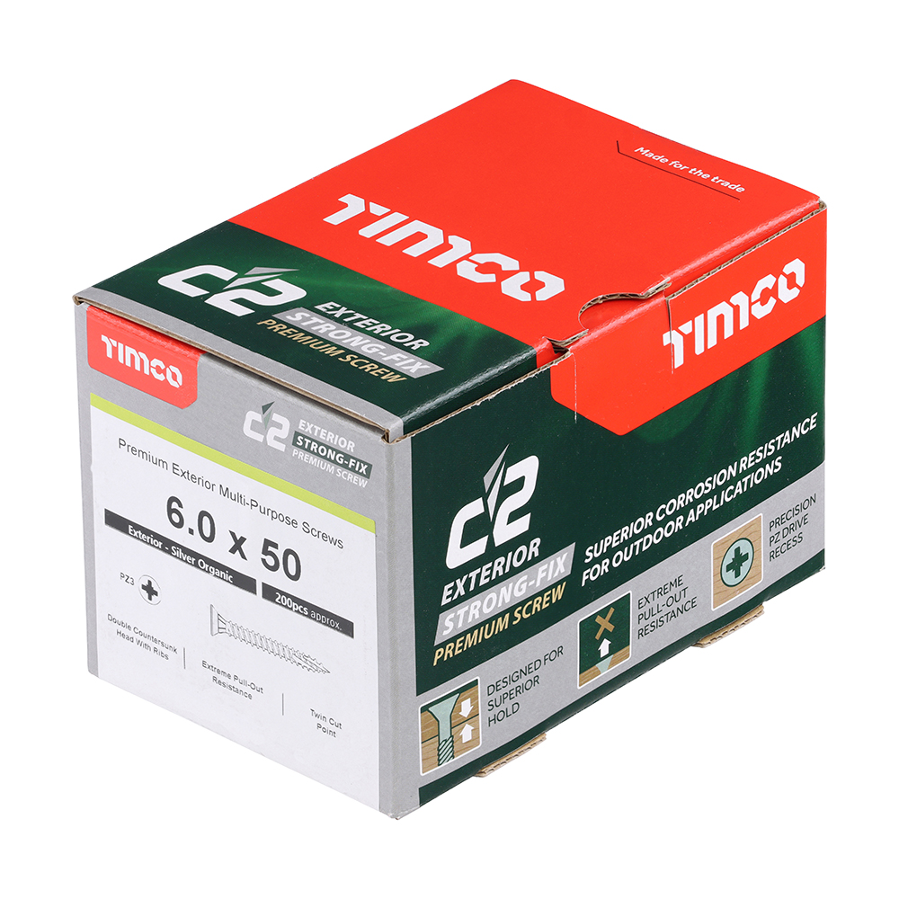 C2 Exterior Strong-Fix - PZ - Double Countersunk with Ribs - Twin-Cut - Silver 6.0 x 50 - 200 pieces