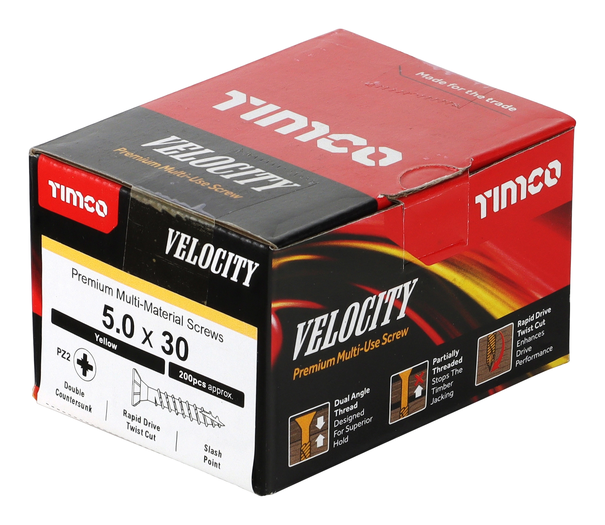 Product packaging box of Timco Velocity premium multi-use screws, highlighting features like PZ2 drive, double countersunk head, and rapid drive twist cut.