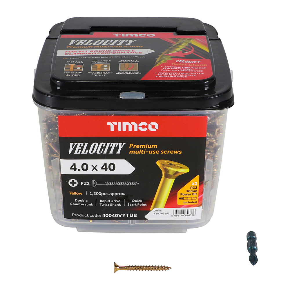 Velocity Premium Multi-Use Screws - PZ - Double Countersunk - Yellow 4.0 x 40