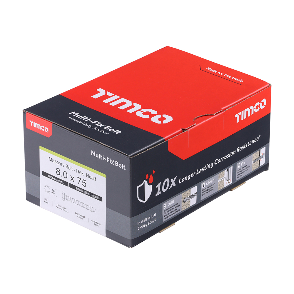 Multi-Fix Masonry Bolts - Hex - Exterior - Silver 8.0 x 75