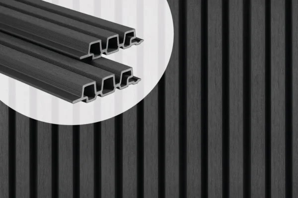 PuraTech 30 composite cladding boards in ebony black showing a detailed cross-section of the triple profile slatted design 3900 mm.