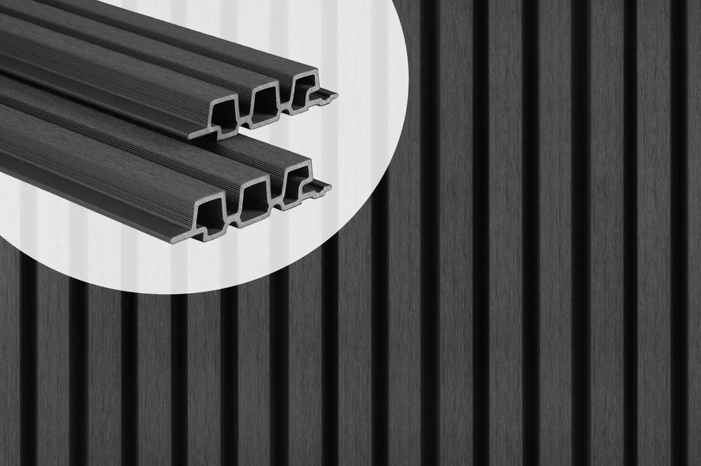 PuraTech 30 composite cladding boards in ebony black showing a detailed cross-section of the triple profile slatted design 3900 mm.