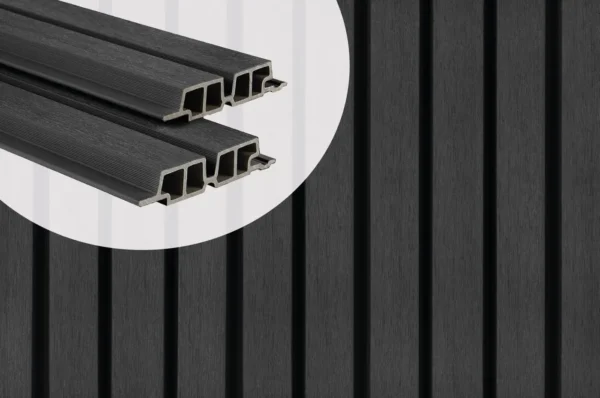 PuraTech 55 double profile composite cladding boards in Ebony Black showing cross-section profiles against an installed slatted surface.