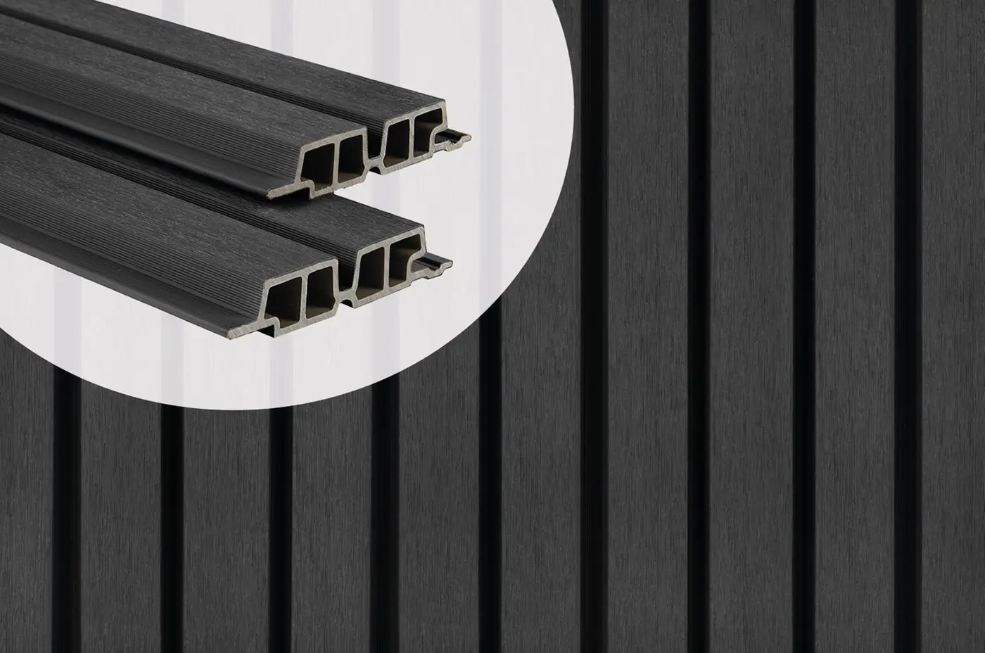 PuraTech 55 double profile composite cladding boards in Ebony Black showing cross-section profiles against an installed slatted surface.