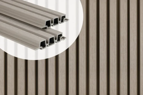 PuraTech 30 triple profile composite cladding boards in Light Grey showcasing the hollow cross-section profile against an installed slatted wall panel.