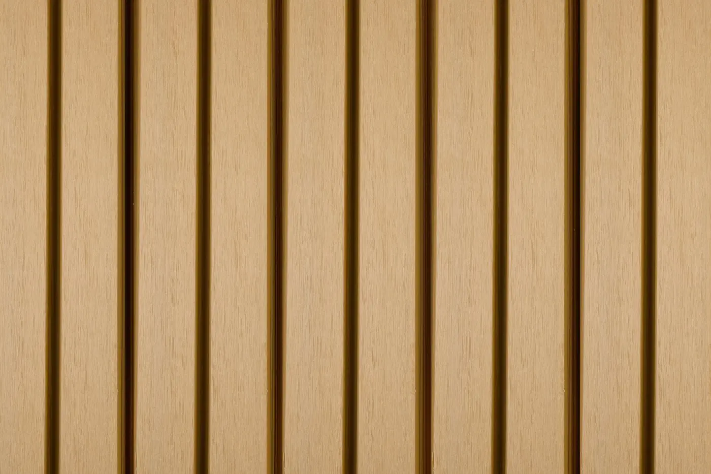 Close up texture panel view of installed PuraTech 55 double profile composite cladding in Cedar showing clean vertical slatted lines.
