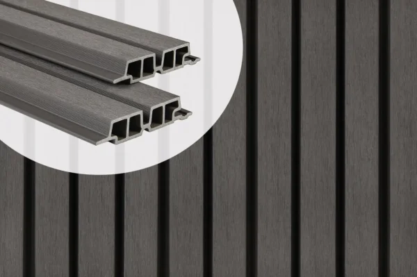 PuraTech 55 double profile composite cladding boards in Dark Grey showcasing the hollow cross-section profile against an installed slatted wall panel.