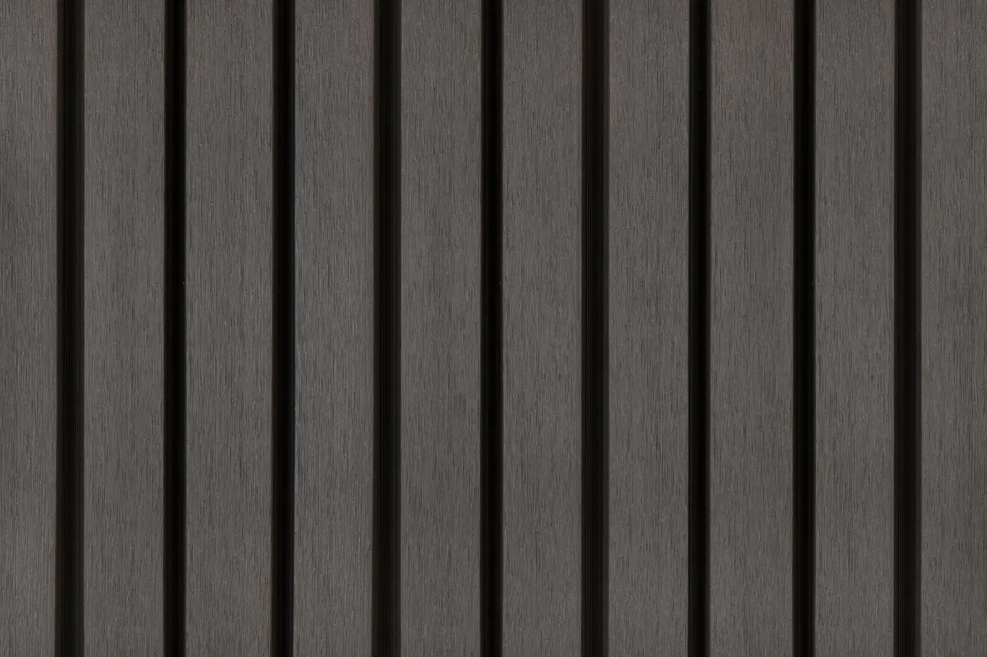 Close up texture panel view of installed PuraTech 55 double profile composite cladding in Dark Grey showing clean vertical slatted lines.