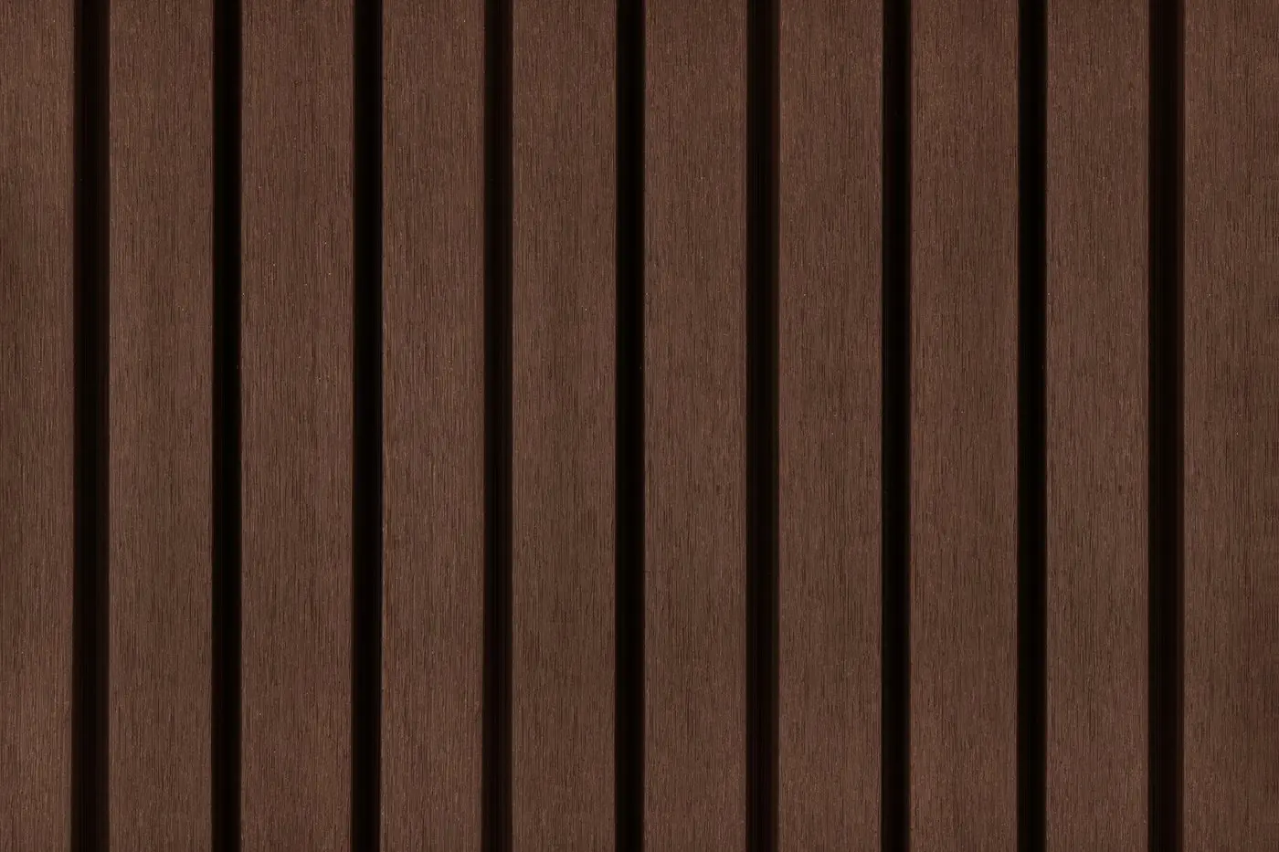 Close up texture panel view of installed PuraTech 55 double profile composite cladding in Ipé showing clean vertical slatted lines.