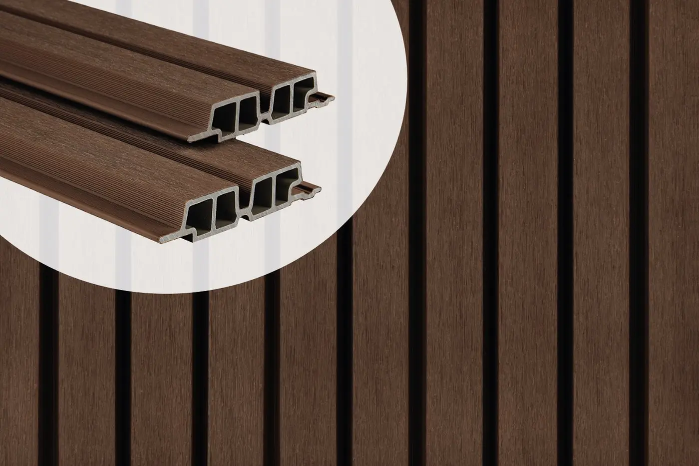 PuraTech 55 double profile composite cladding boards in Ipé showcasing the hollow cross-section design against an installed slatted wall panel.