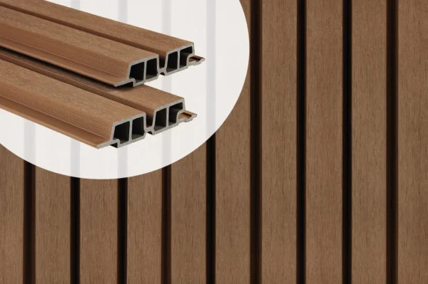 PuraTech 55 double profile composite cladding boards in Teak showcasing the hollow cross-section design against an installed slatted wall panel.