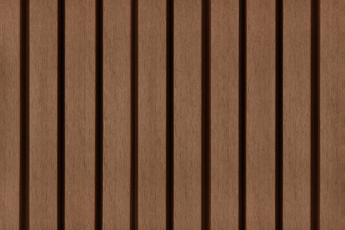 Close up texture panel view of installed PuraTech 55 double profile composite cladding in Teak showing clean vertical slatted lines.