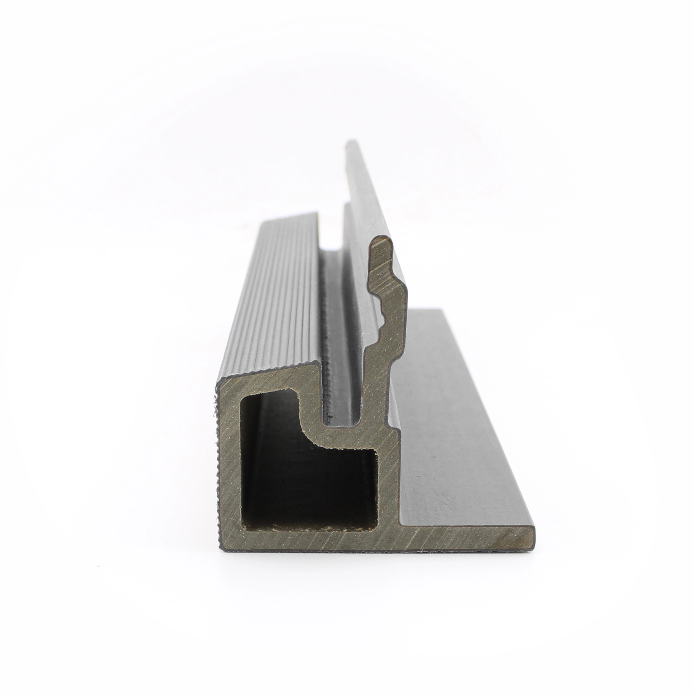 Profile view of a PuraTech composite end trim section piece in a Light Grey finish showing its interlocking structural profile design against a white background.