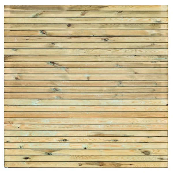 Pine fence panel with a horizontal slatted profile made from natural timber wood.