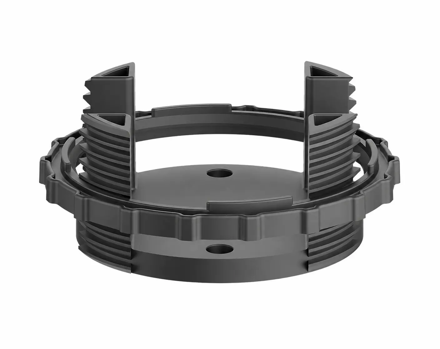 Studio shot of a black PuraFix adjustable substructure pedestal support ring designed for leveling decking joists, isolated on a white background.