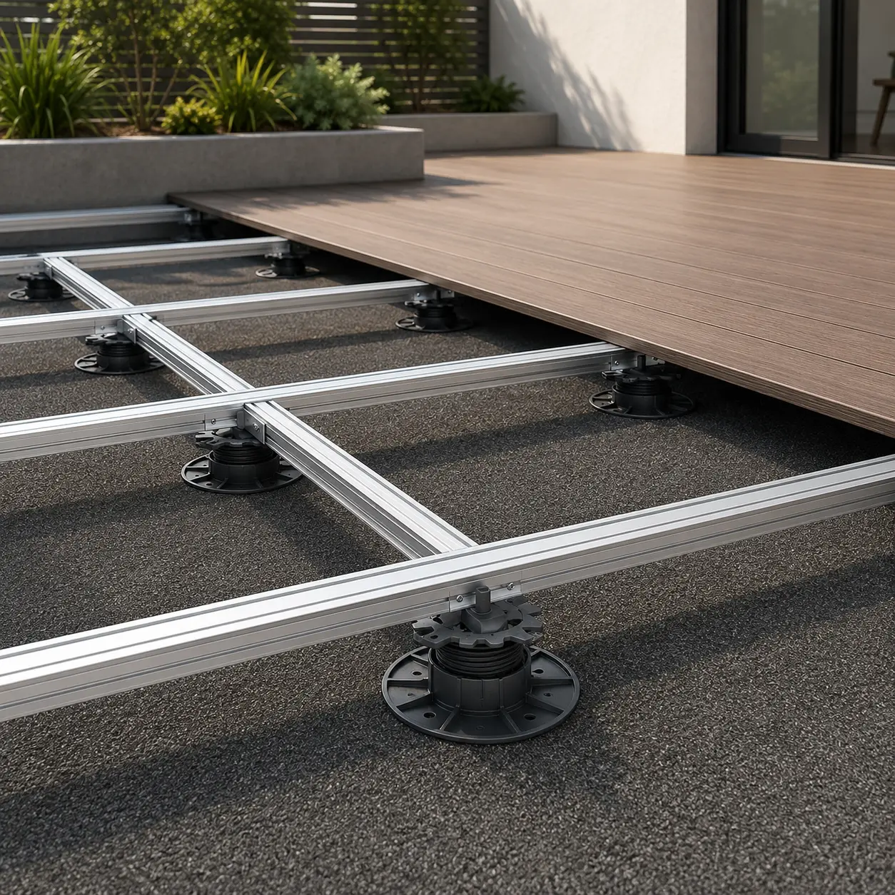 PuraFix adjustable pedestals supporting an aluminum subframe system under composite decking boards.