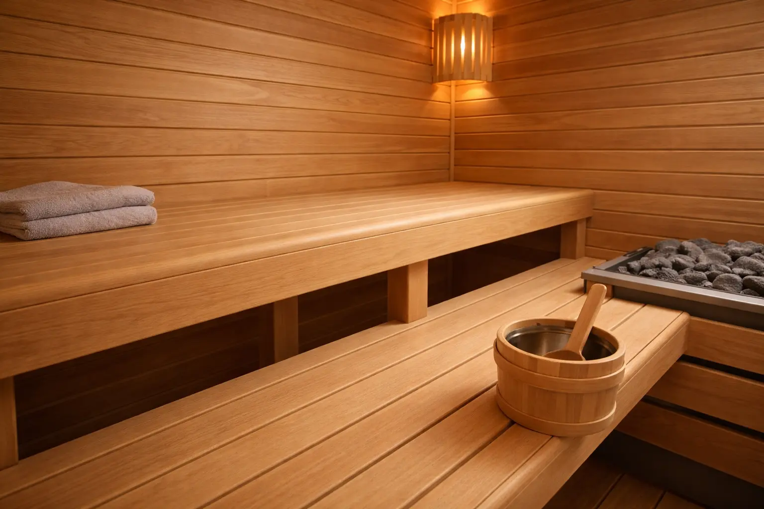 Natural Alder saunawood cladding board installed inside a traditional wood sauna with wooden benches.