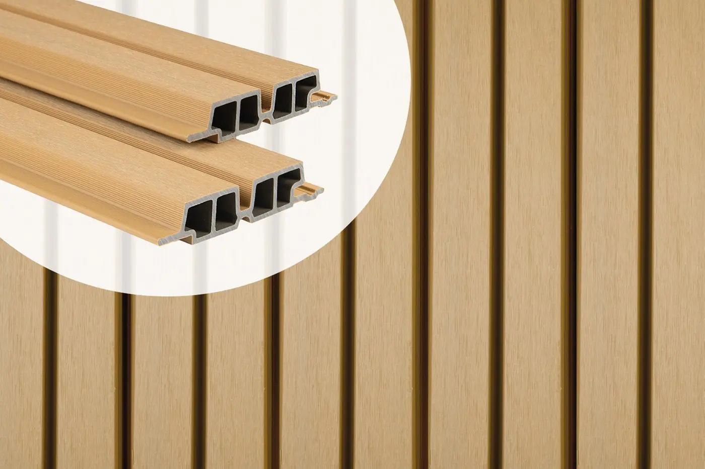 PuraTech 30 triple profile composite cladding boards in Cedar showcasing the hollow cross-section profile against an installed slatted wall panel.