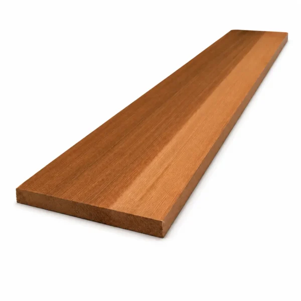A long section view of an ease-edge Cedar batten screen fencing board showcasing its linear wood grain pattern and smooth finished surface on a white background.