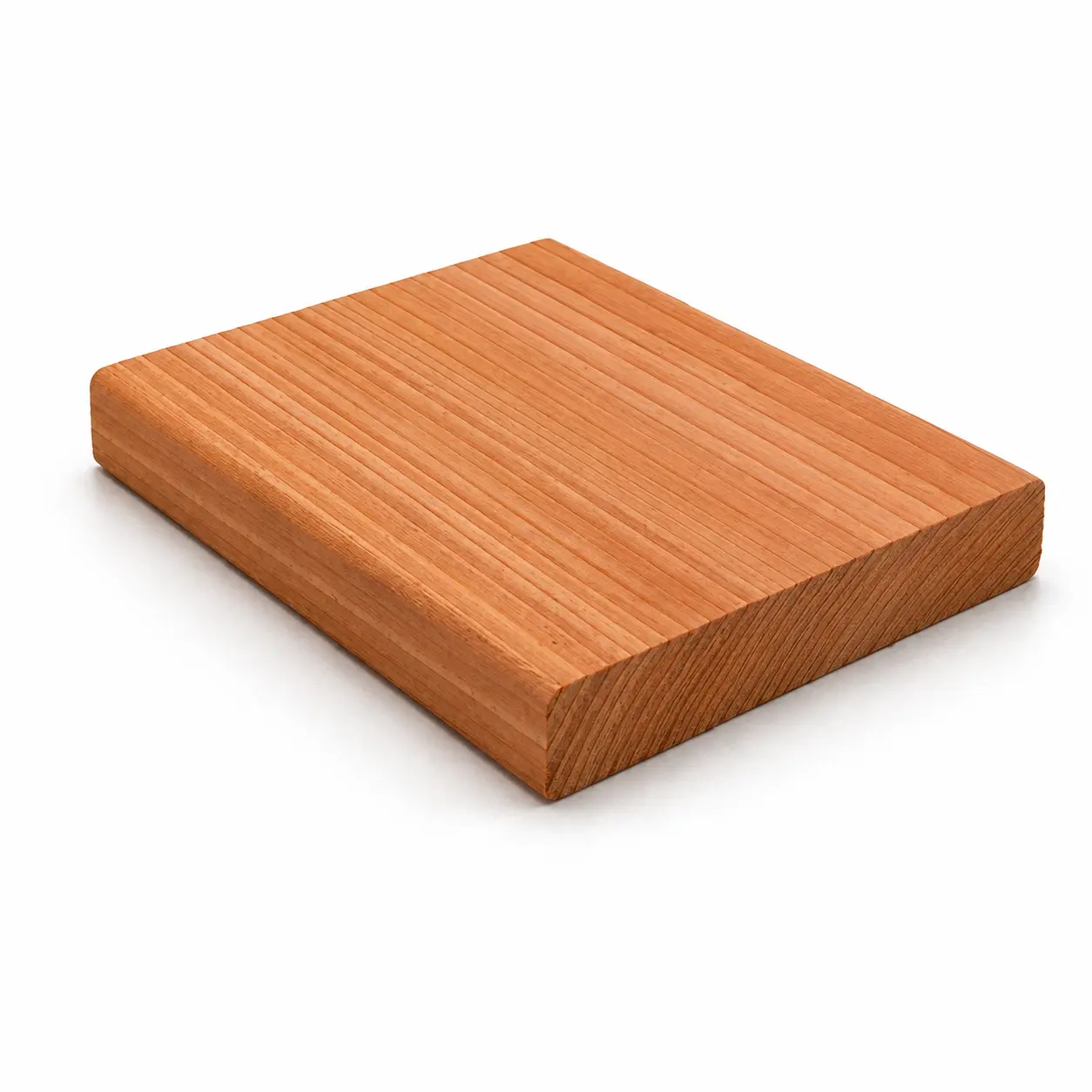 Three-quarters perspective view of a sample section of an ease-edge Cedar batten fencing profile showcasing its smooth surface grain and slightly rounded corners on a clean white background.