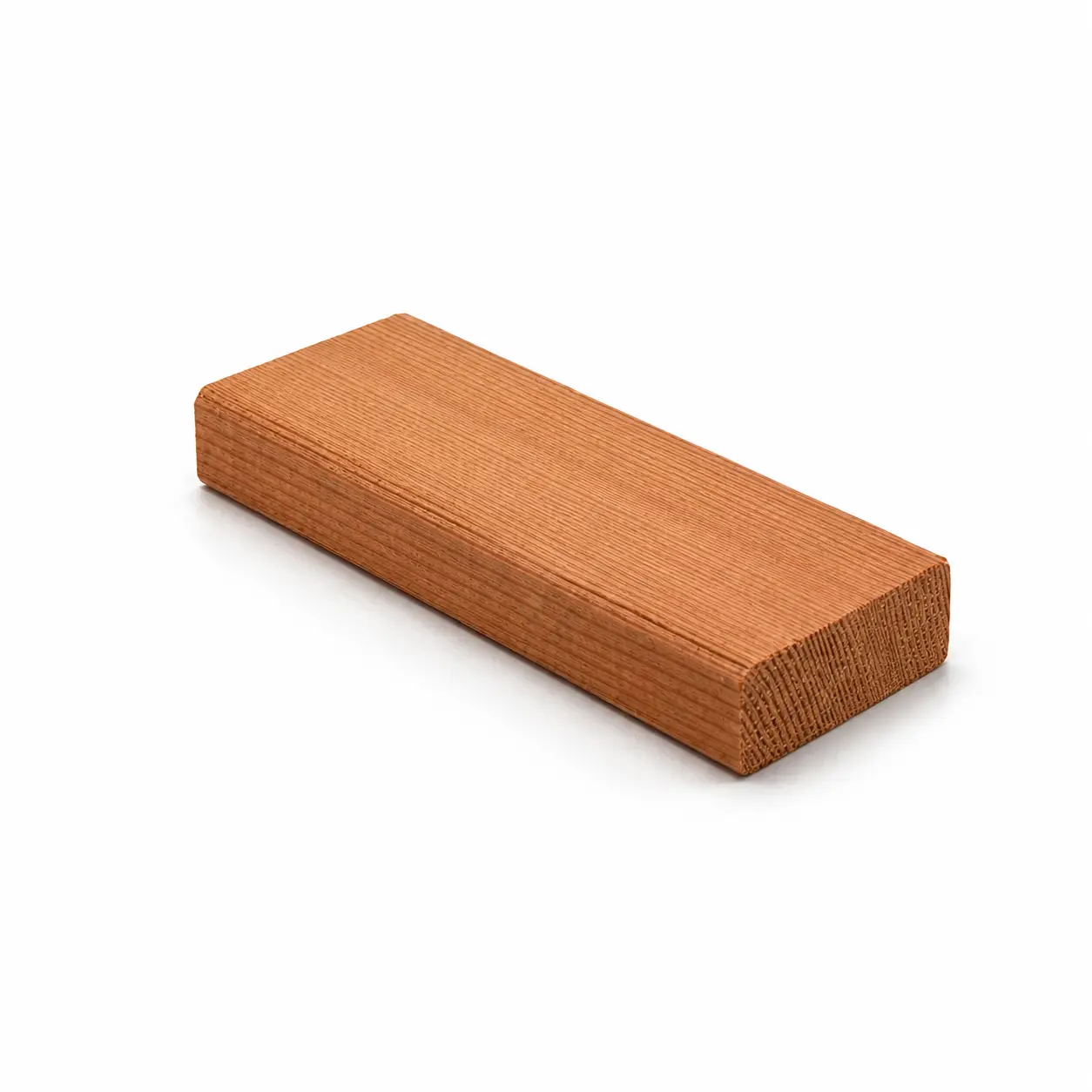 Isolated studio shot of a Cedar batten timber screen piece with an ease edge profile showcasing fine vertical wood grain on a plain white background.