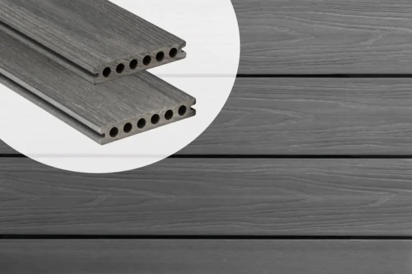 PuraShield round hole co-extruded composite decking boards in Dark Grey showing cross-section profiles against an installed deck surface.
