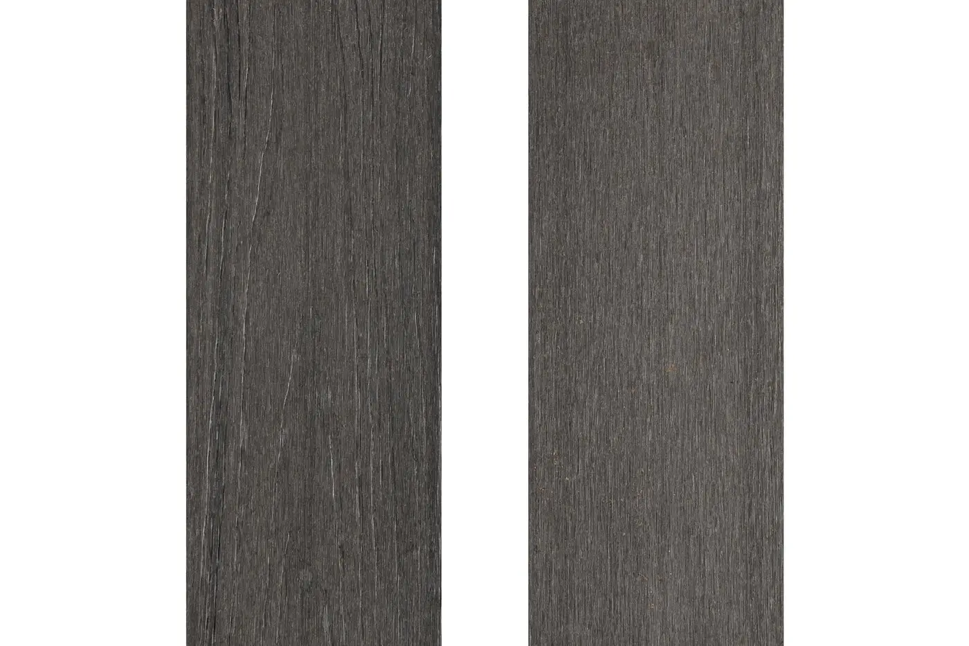 Top-down surface view of two PuraShield round hole co-extruded composite decking boards in Dark Grey showcasing detailed natural looking wood grain textures.