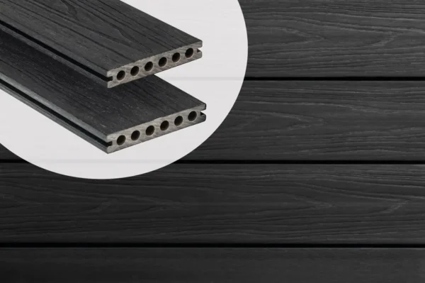 PuraShield round hole co-extruded composite decking boards in Ebony Black showing cross-section profiles against an installed deck surface.