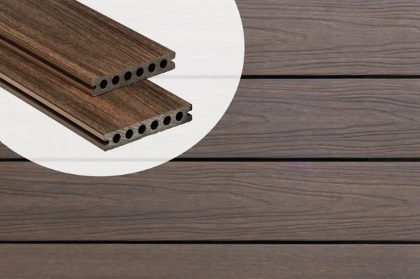 PuraShield round hole co-extruded composite decking boards in Ipé showing cross-section profiles against an installed deck surface.