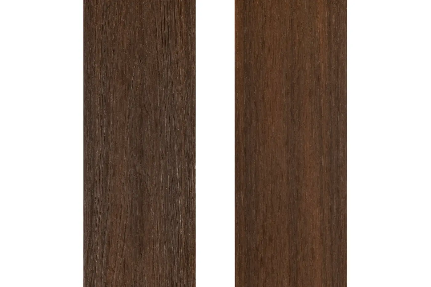 Top-down surface view of two PuraShield round hole co-extruded composite decking boards in Ipé showcasing rich natural looking wood grain textures.
