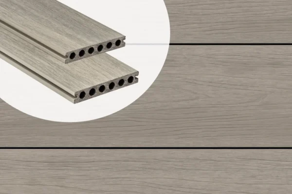 PuraShield round hole co-extruded composite decking boards in Light Grey showing cross-section profiles against an installed deck surface.