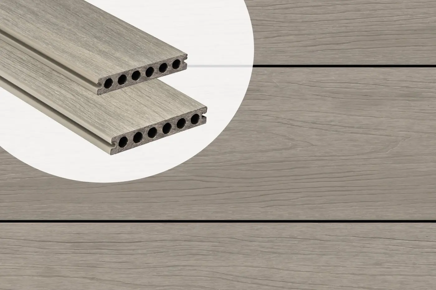 PuraShield round hole co-extruded composite decking boards in Light Grey showing cross-section profiles against an installed deck surface.
