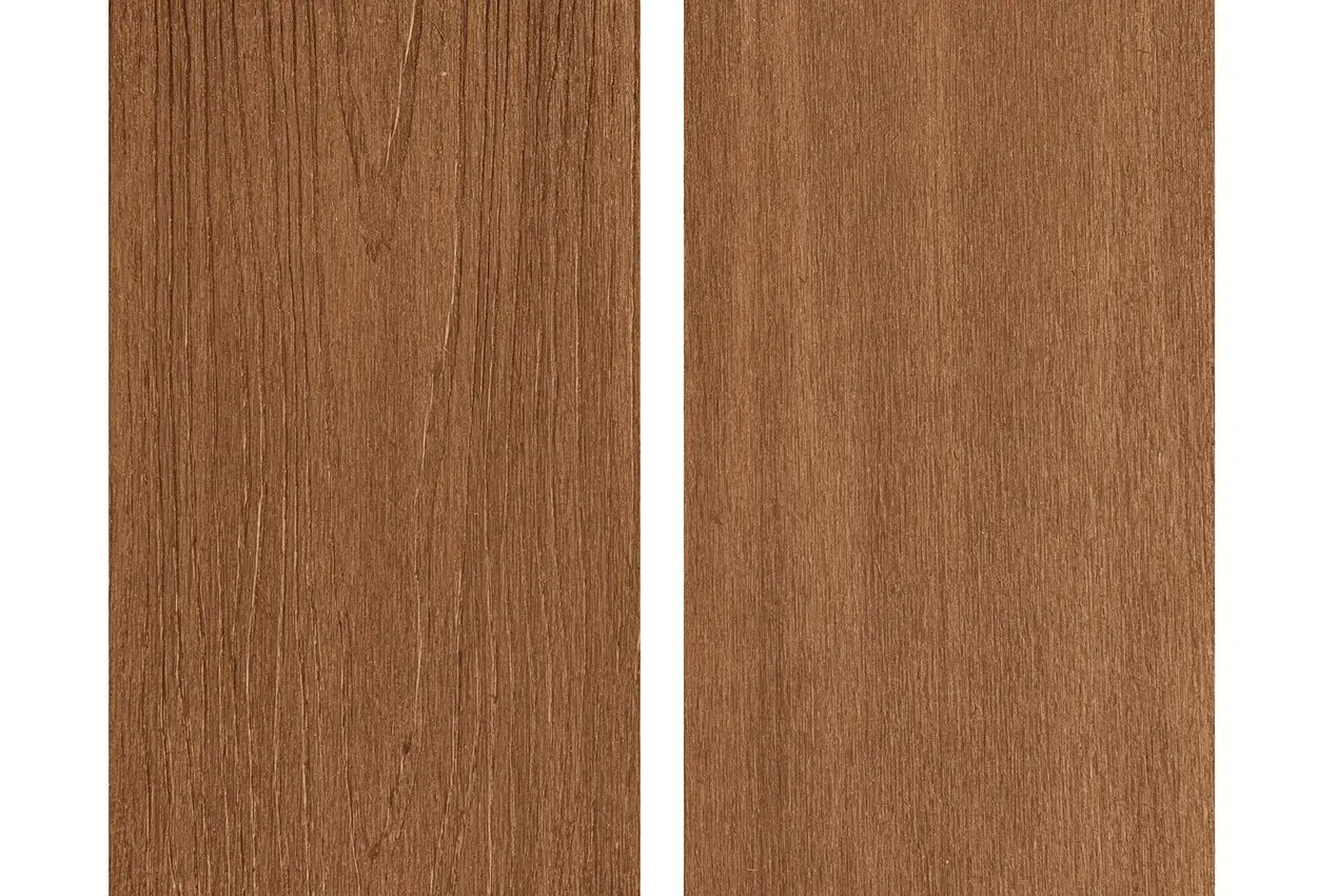 Close up panel view showing two sides of a PuraShield round hole co-extruded composite decking board sample in Teak with distinct wood grain textures.
