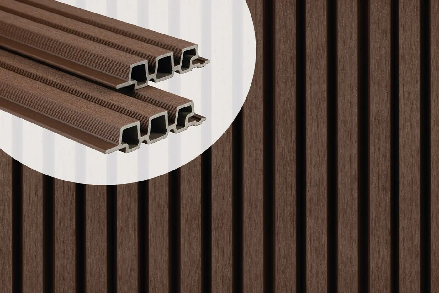 PuraTech 30 triple profile composite cladding boards in Ipé showcasing the hollow cross-section profile against an installed slatted wall panel.