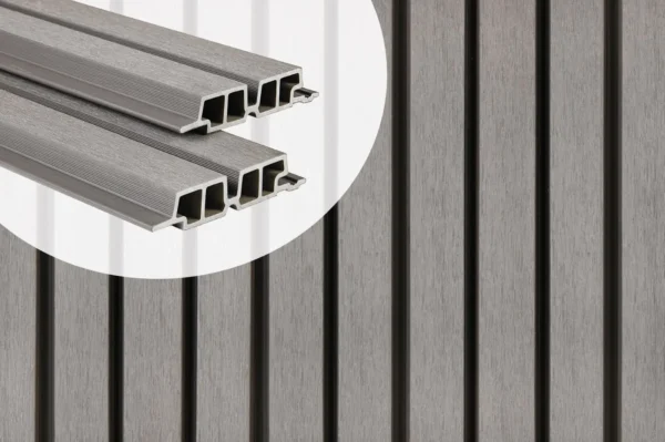 PuraTech 55 double profile composite cladding boards in Light Grey showcasing the hollow cross-section design against an installed slatted wall panel.