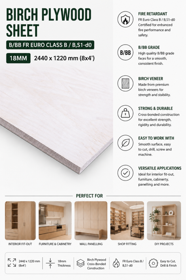Birch Plywood Sheet B/BB FR Euro Class B / | Timber Ireland