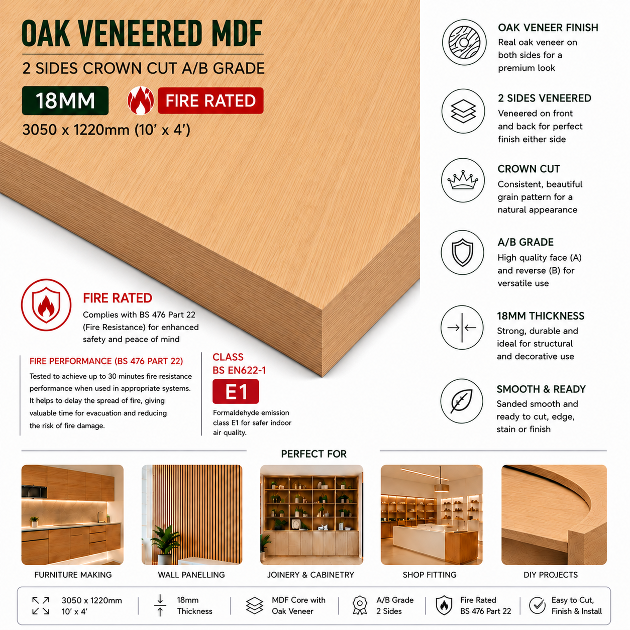 Veneered MDF Board – White Oak – Fire - Rated - Crown Cut, A/B Grade – 3050×1220 mm (10×4') – 19 mm - Image 2
