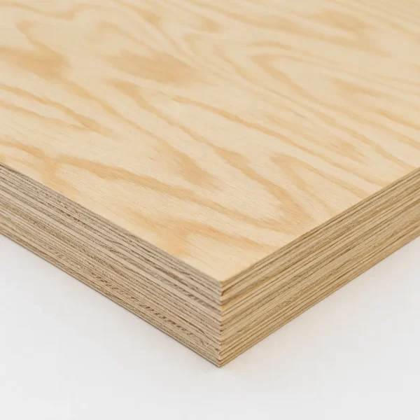 Decorative European Pine Plywood sheet corner showing layered structural edge and natural grain surface.
