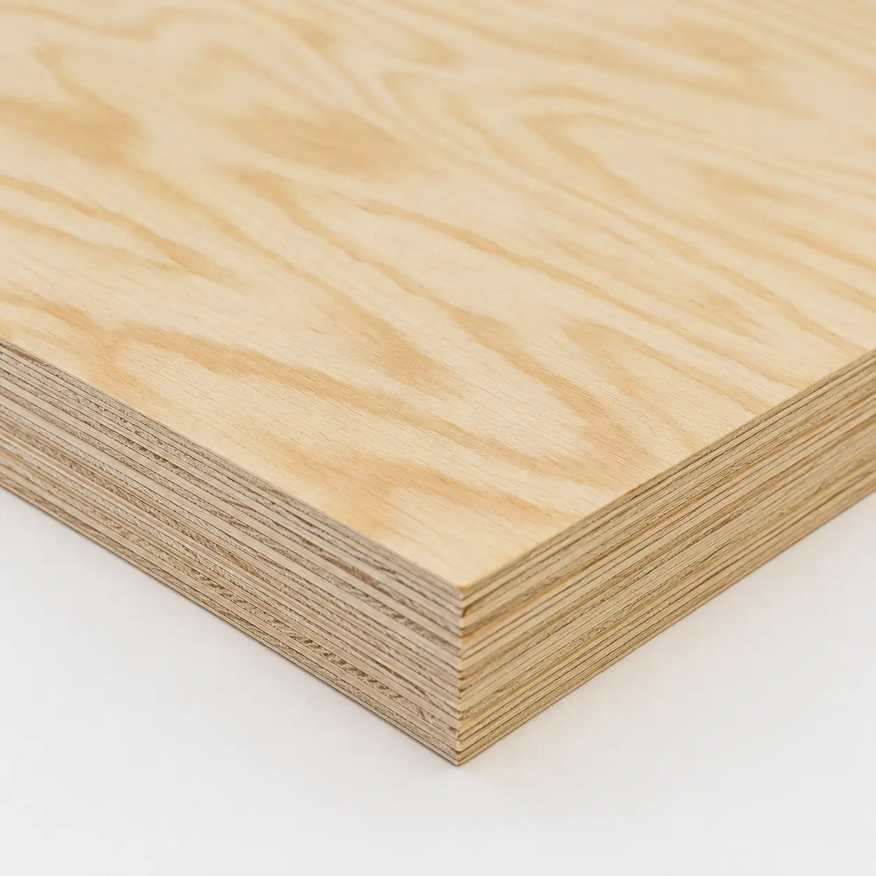 Decorative European Pine Plywood sheet corner showing layered structural edge and natural grain surface.