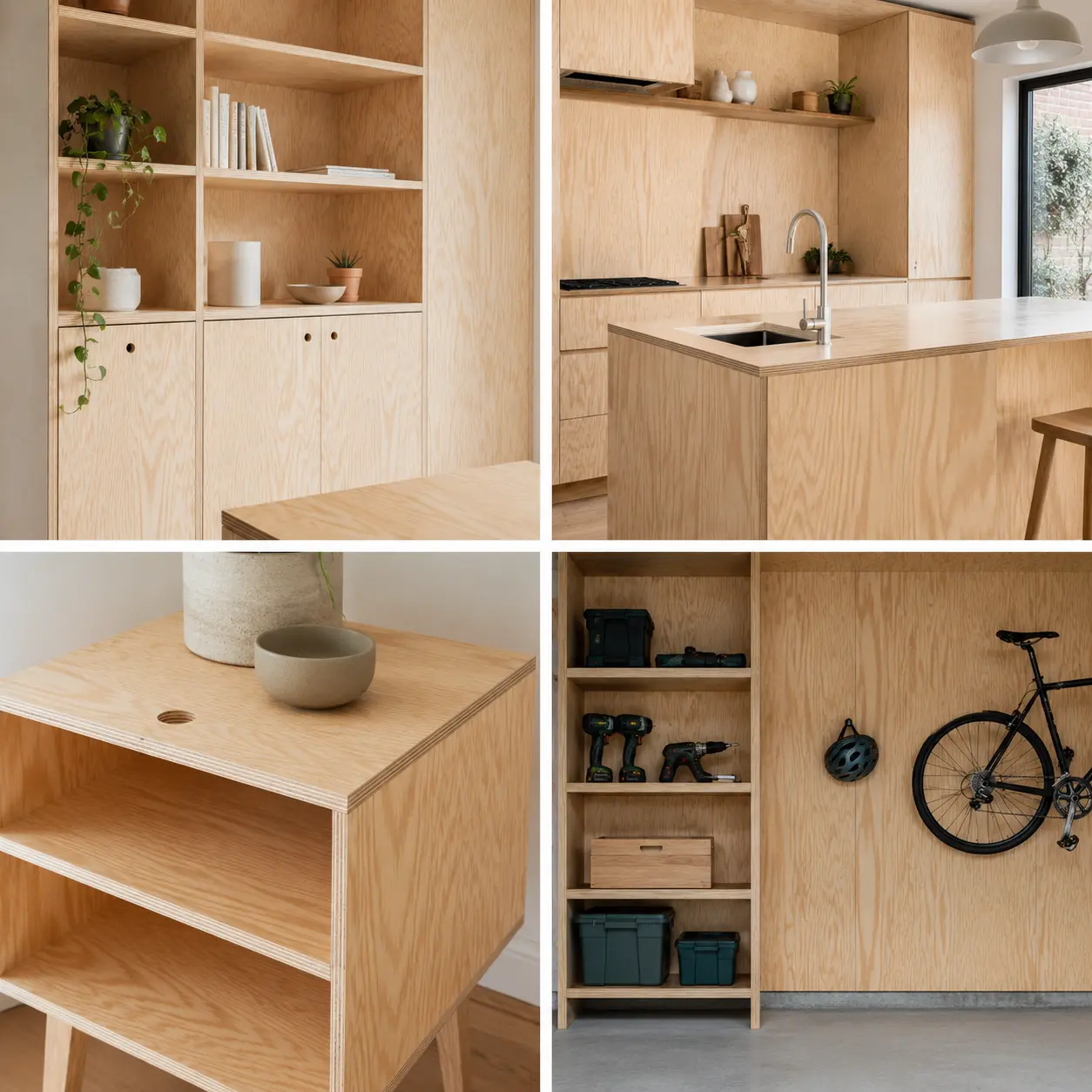 Four-panel grid showing various interior design applications of Decorative European Pine Plywood including kitchen cabinetry, storage shelving, a small side table, and garage wall paneling.