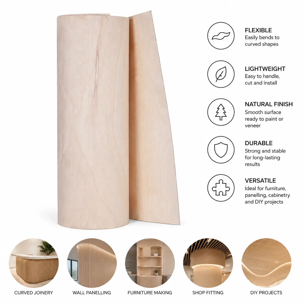 Infographic illustrating key material properties, benefits, and architectural application examples for a 5 mm flexible plywood cross grain sheet.