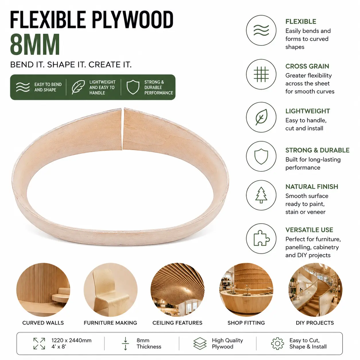 Infographic illustrating material features, technical dimensions, and architectural application ideas for an 8 mm flexible plywood cross grain sheet.