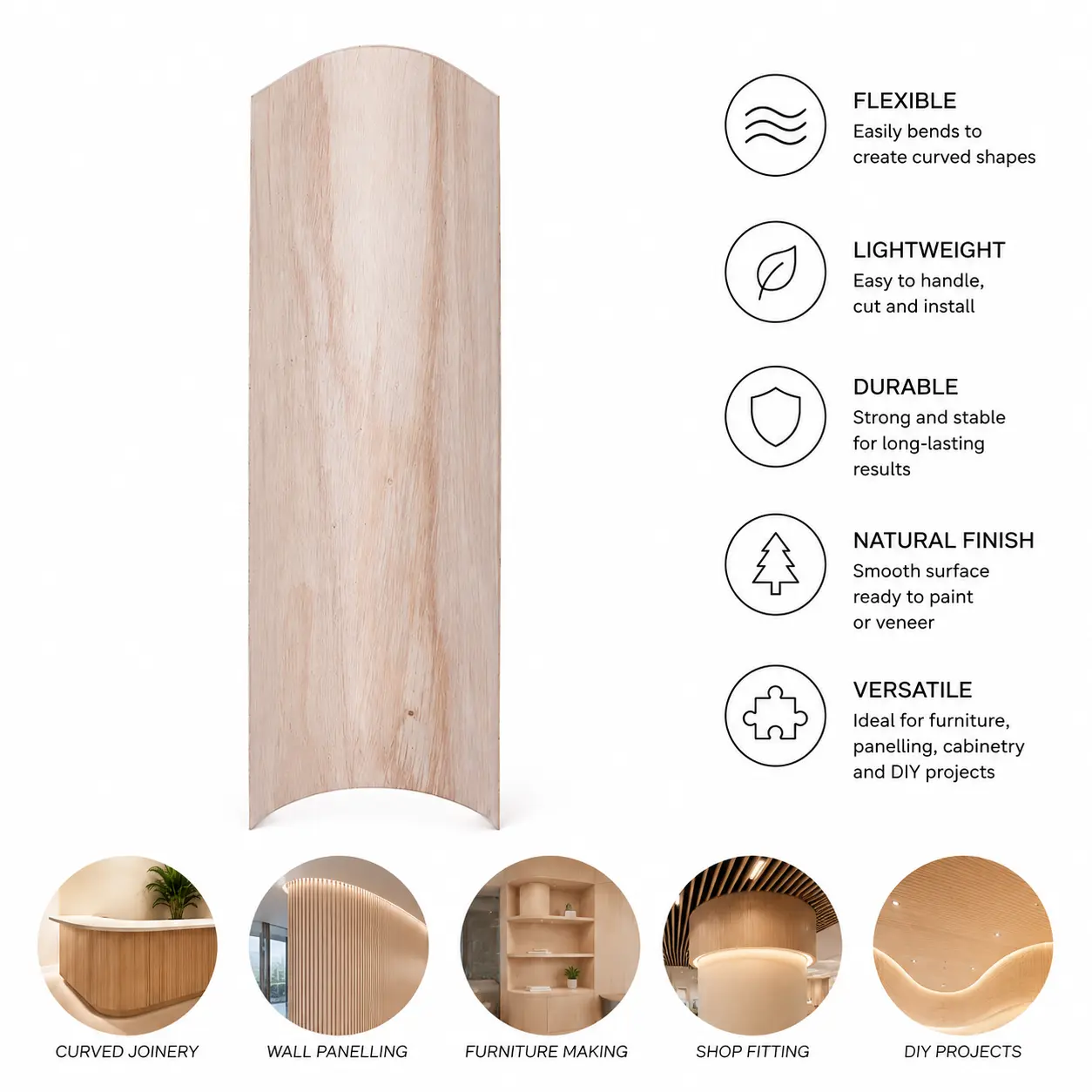 Infographic highlighting features, performance specifications, and interior applications for a 5mm Flexible Plywood Long Grain panel measuring 2440x1220mm.