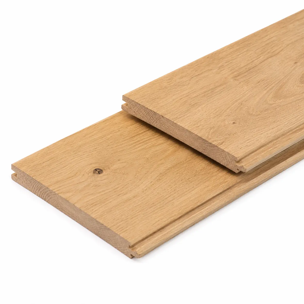 Two interlocking Oak hardwood cladding boards showcasing the tongue and groove (T&G) joint profile details on a clean white background.
