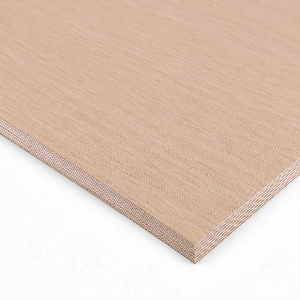 Close-up corner of a 19mm Oak Veneered Birch Plywood sheet measuring 2500x1250mm showing edge layers and surface wood grain.