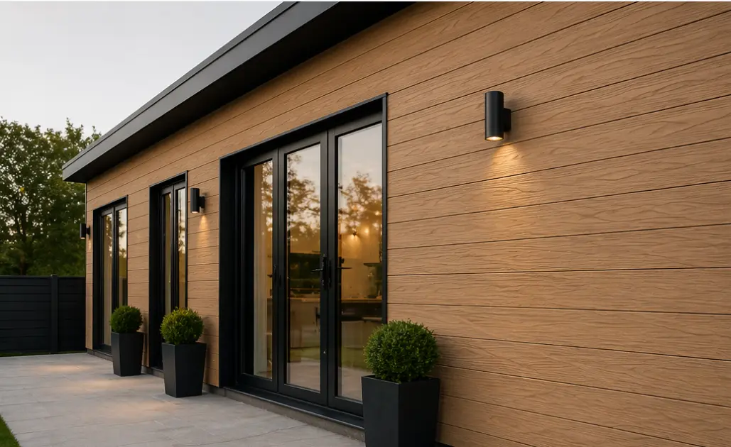 Modern residential building exterior featuring a patio wall installed with PuraShell co-extruded tongue and groove composite cladding in a warm cedar wood finish.