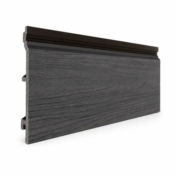 Side angle view of a dark grey PuraShell Co-Extruded T&G Composite Cladding board showing its textured surface and interlocking profile.