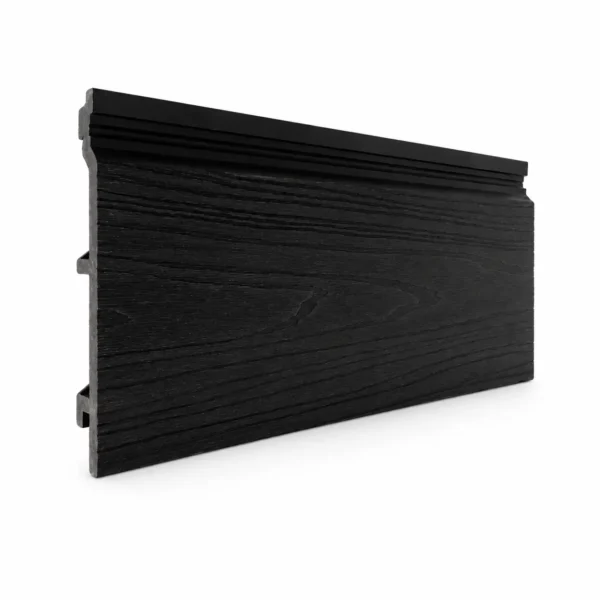 Side angle view of an ebony black finish PuraShell Co-Extruded T&G Composite Cladding board showing its textured wood grain surface and interlocking profile.
