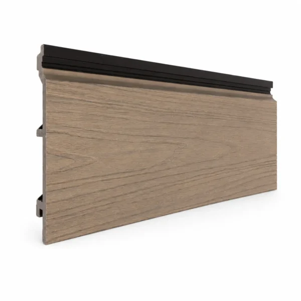 Side angle view of a light grey PuraShell Co-Extruded T&G Composite Cladding board showing its textured surface and interlocking profile.